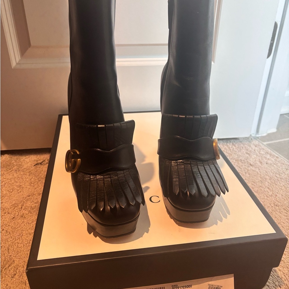 Gucci Black Heeled Boots with Gold Buckle